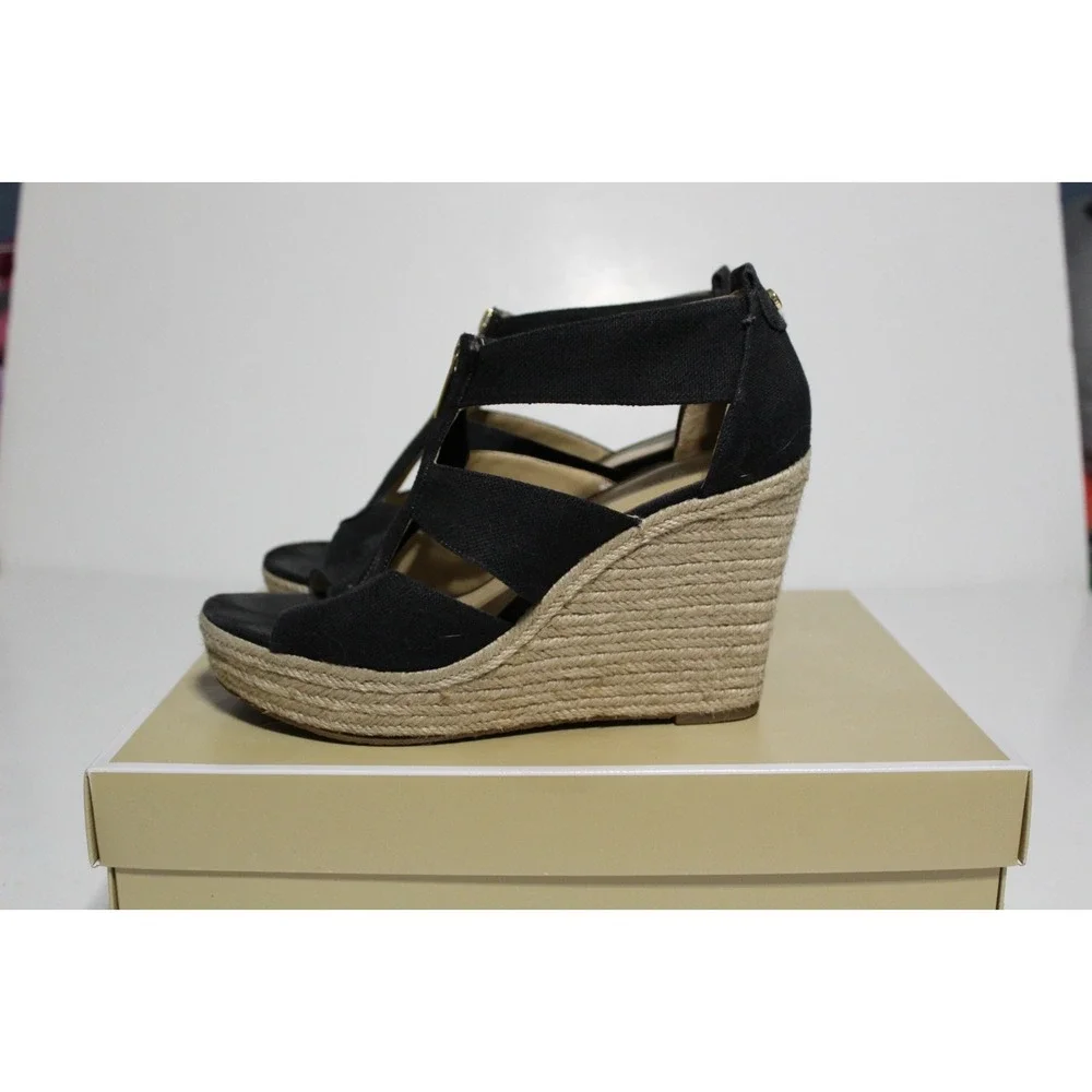 Michael Kors Damita Womens 10 M Espadrille Black Canvas Zip Front Wedge Sandal